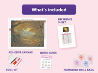 Thumbnail for Autumn Gate 50x40cm diamond painting kit contents: adhesive canvas, color chart, tools and diamond bags
