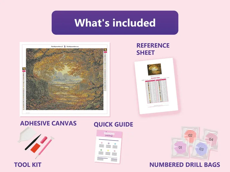 Autumn Gate 50x40cm diamond painting kit contents: adhesive canvas, color chart, tools and diamond bags