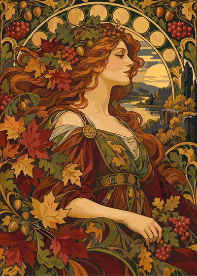 Autumn woman surrounded by leaves and grapes paint by numbers.