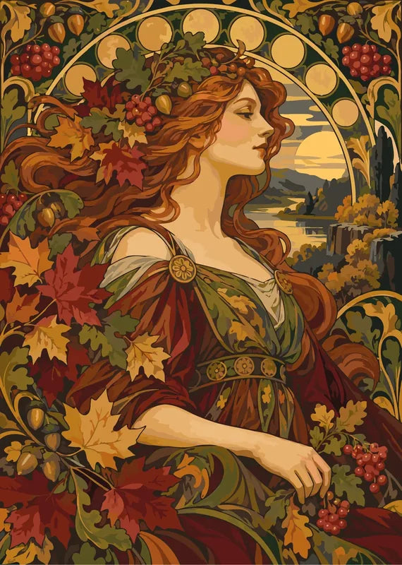 Autumn woman surrounded by leaves and grapes paint by numbers.