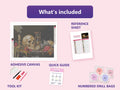 Thumbnail for What is included in the Autumn Vanitas with Skull and Candle diamond painting kit - adhesive canvas, reference sheet, tools and numbered drill bags