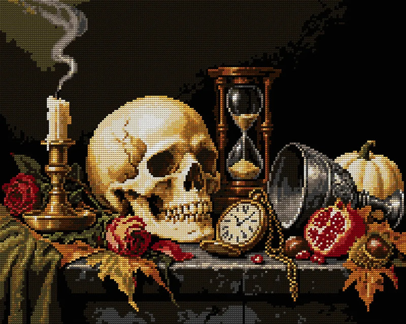autumn vanitas still life with a skull, candle and hourglass, 50x40 cm diamond painting – full design preview