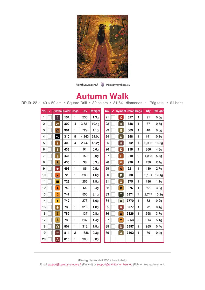 Autumn Walk diamond painting color chart – 39 DMC colors