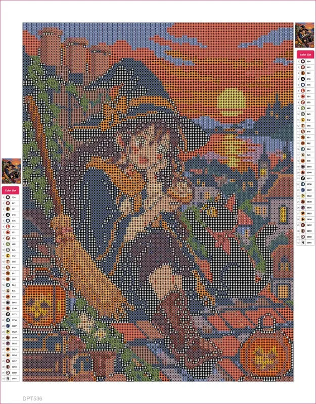 Diamond painting adhesive canvas preview - Autumn Witch on the Roof