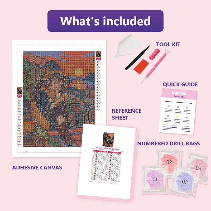 What is included in the Autumn Witch on the Roof diamond painting kit - adhesive canvas, reference sheet, tools and numbered drill bags