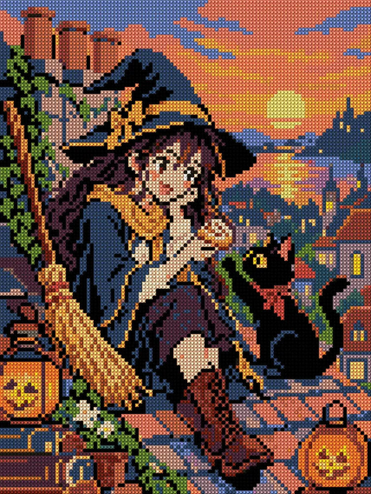 Autumn Witch on the Roof, 30x40 cm diamond painting – full design preview without the close-up inset