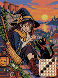 Thumbnail for Autumn Witch on the Roof, 30x40 cm diamond painting – finished design preview with a close-up of round drills