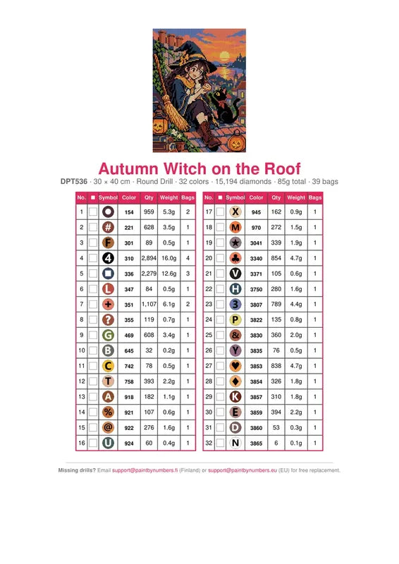 DMC color chart for Autumn Witch on the Roof diamond painting - 32 colors