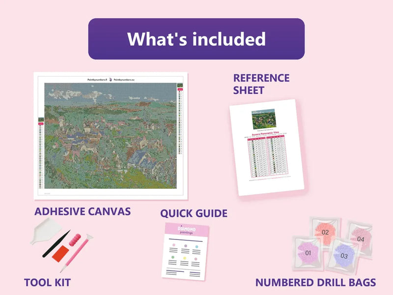 What is included in the Auvers Panoramic View diamond painting kit - adhesive canvas, reference sheet, tools and numbered drill bags