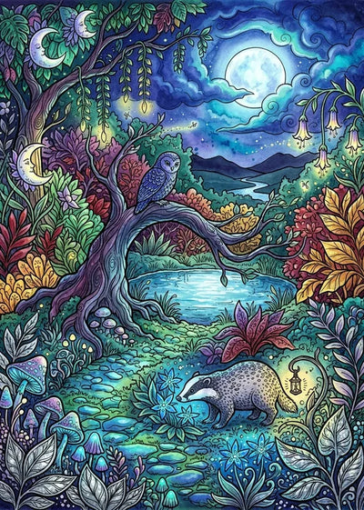 Diamond Painting of a magical forest with owl, badger, full moon and colorful plants at night.