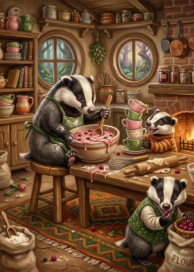 Diamond Painting of badgers baking in a whimsical kitchen, perfect for children’s decor.