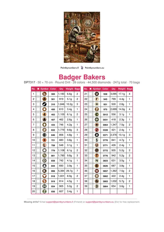 DMC color chart for Badger Bakers diamond painting - 39 colors