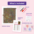 Thumbnail for What is included in the Badger Scribe in Cozy Burrow diamond painting kit - adhesive canvas, reference sheet, tools and numbered drill bags