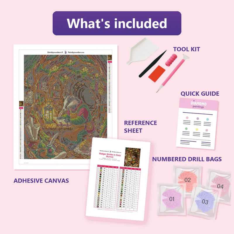 What is included in the Badger Scribe in Cozy Burrow diamond painting kit - adhesive canvas, reference sheet, tools and numbered drill bags