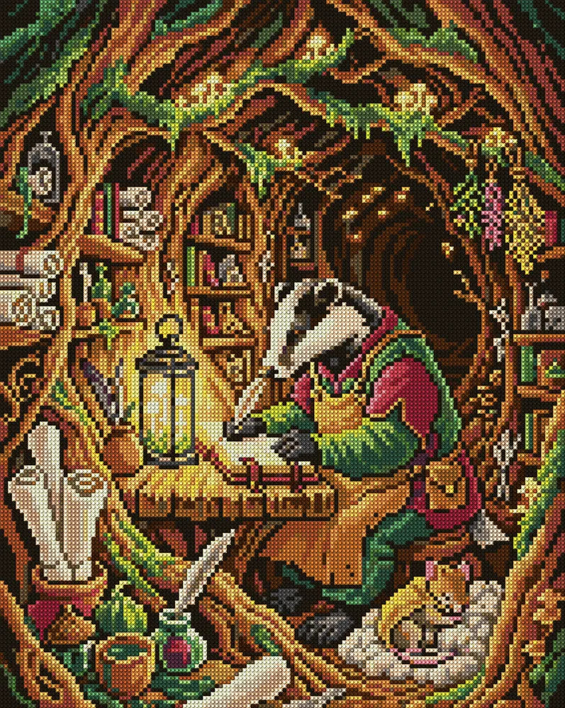 Badger Scribe in Cozy Burrow, 40x50 cm diamond painting – full design preview without the close-up inset