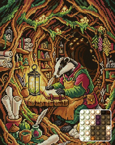 Badger Scribe in Cozy Burrow, 40x50 cm diamond painting – finished design preview with a close-up of round drills
