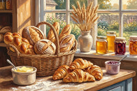 Thumbnail for Diamond painting featuring a basket of bread, croissants, and jars on a country bakery table in the morning sun.