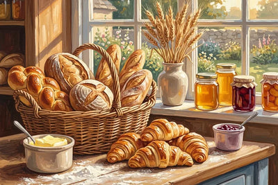 Diamond painting featuring a basket of bread, croissants, and jars on a country bakery table in the morning sun.