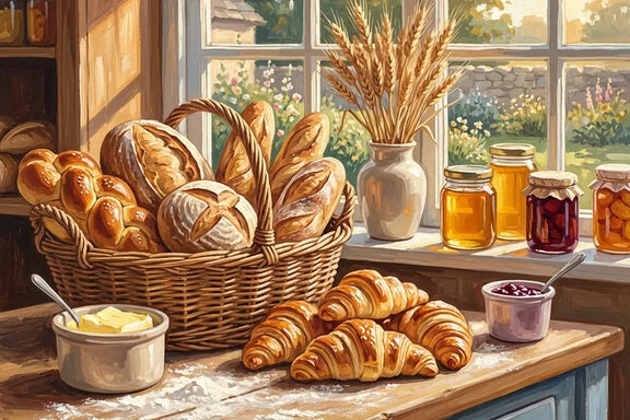 Diamond painting featuring a basket of bread, croissants, and jars on a country bakery table in the morning sun.