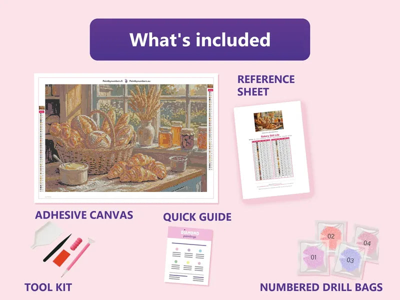 Bakery Still Life 60x40cm diamond painting kit contents: adhesive canvas, color chart, tools and diamond bags