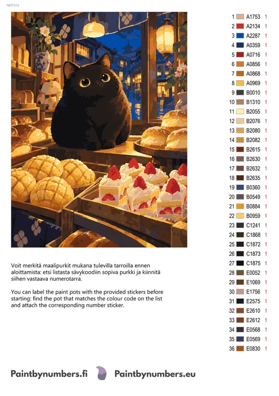 Paint color chart and instructions - Bakery Window Cat 30x40cm