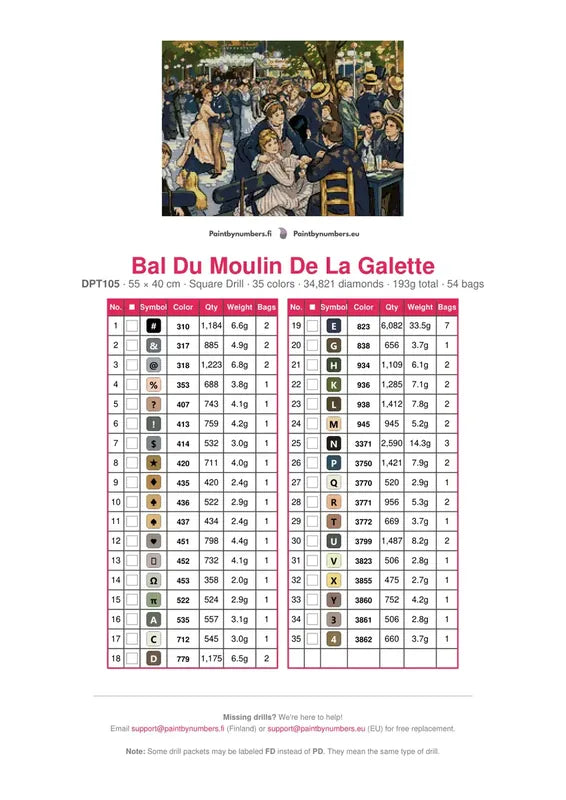 DMC color chart for Bal Du Moulin De La Galette diamond painting - 35 colors
