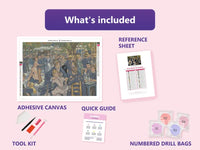 Thumbnail for Bal Du Moulin De La Galette 55x40cm diamond painting kit contents: adhesive canvas, color chart, tools and diamond bags