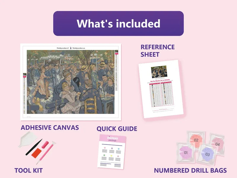 Bal Du Moulin De La Galette 55x40cm diamond painting kit contents: adhesive canvas, color chart, tools and diamond bags