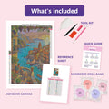 Thumbnail for What is included in the Balcony Over Harbor diamond painting kit - adhesive canvas, reference sheet, tools and numbered drill bags