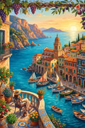 Thumbnail for Diamond Painting featuring a Mediterranean harbor, colorful houses, boats, and sunset over the sea.