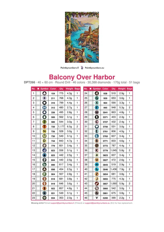 DMC color chart for Balcony Over Harbor diamond painting - 46 colors