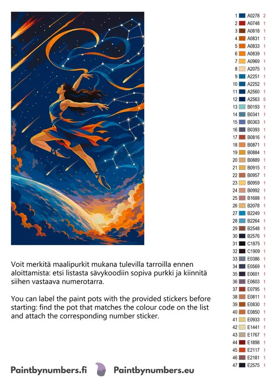 Color chart and instructions - Ballerina Leaping in Space 40x70cm
