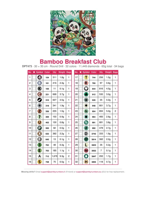 DMC color chart for Bamboo Breakfast Club diamond painting - 32 colors