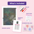 Thumbnail for Bamboo Fence and Umbrellas 50x70cm diamond painting kit contents: adhesive canvas, color chart, tools, and diamond bags