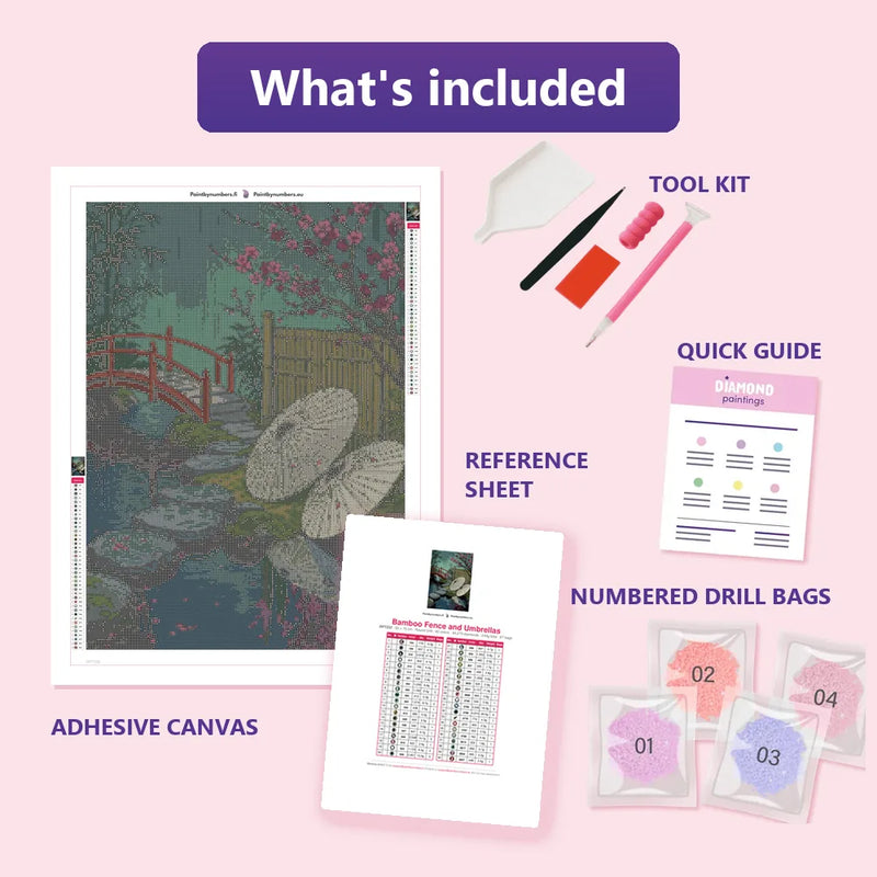 Bamboo Fence and Umbrellas 50x70cm diamond painting kit contents: adhesive canvas, color chart, tools, and diamond bags