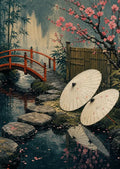 Thumbnail for Diamond painting of a Japanese garden with cherry blossoms, a red bridge, and paper umbrellas.
