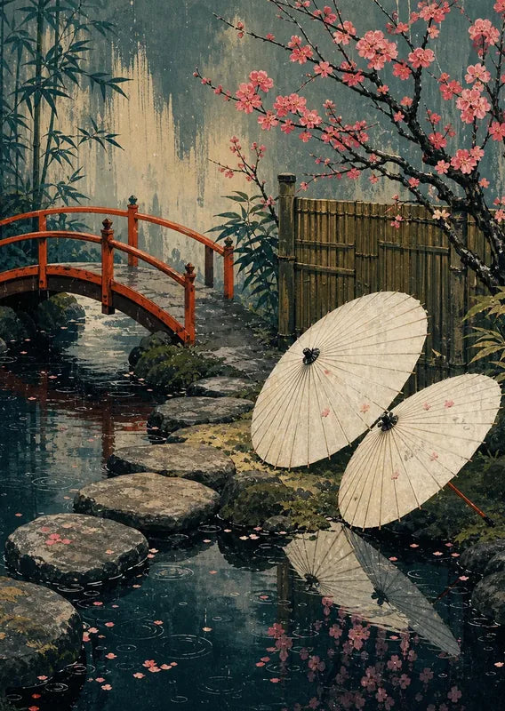 Diamond painting of a Japanese garden with cherry blossoms, a red bridge, and paper umbrellas.