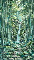 Thumbnail for Bamboo forest and waterfall Paint By Numbers. Stone path, green vegetation.