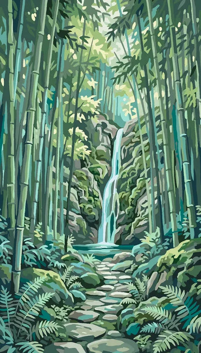 Bamboo forest and waterfall Paint By Numbers. Stone path, green vegetation.