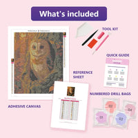 Thumbnail for Barn Owl in Autumn 40x50cm diamond painting kit contents: adhesive canvas, color chart, tools and diamond bags