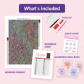 Thumbnail for What is included in the Baroque Plum Floral Relief diamond painting kit - adhesive canvas, reference sheet, tools and numbered drill bags