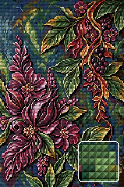 Baroque Plum Floral Relief, 40x60 cm diamond painting – finished design preview with a close-up of square drills