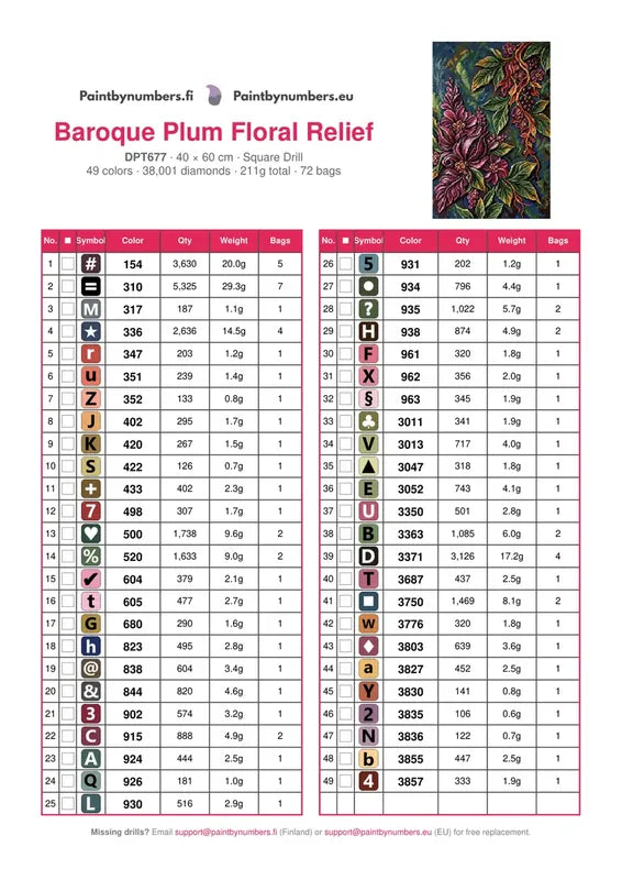 DMC color chart for Baroque Plum Floral Relief diamond painting - 49 colors