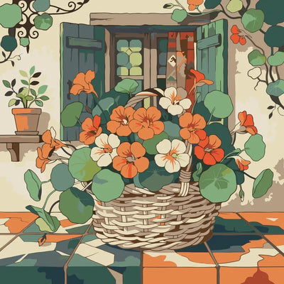Basket of orange and white flowers by a window paint by numbers.