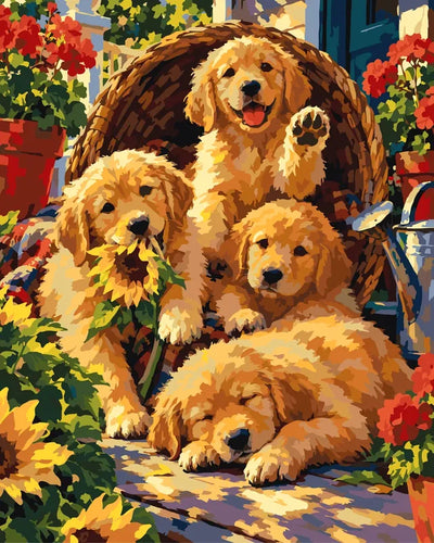 Four golden retriever puppies in a basket with sunflowers paint by numbers.