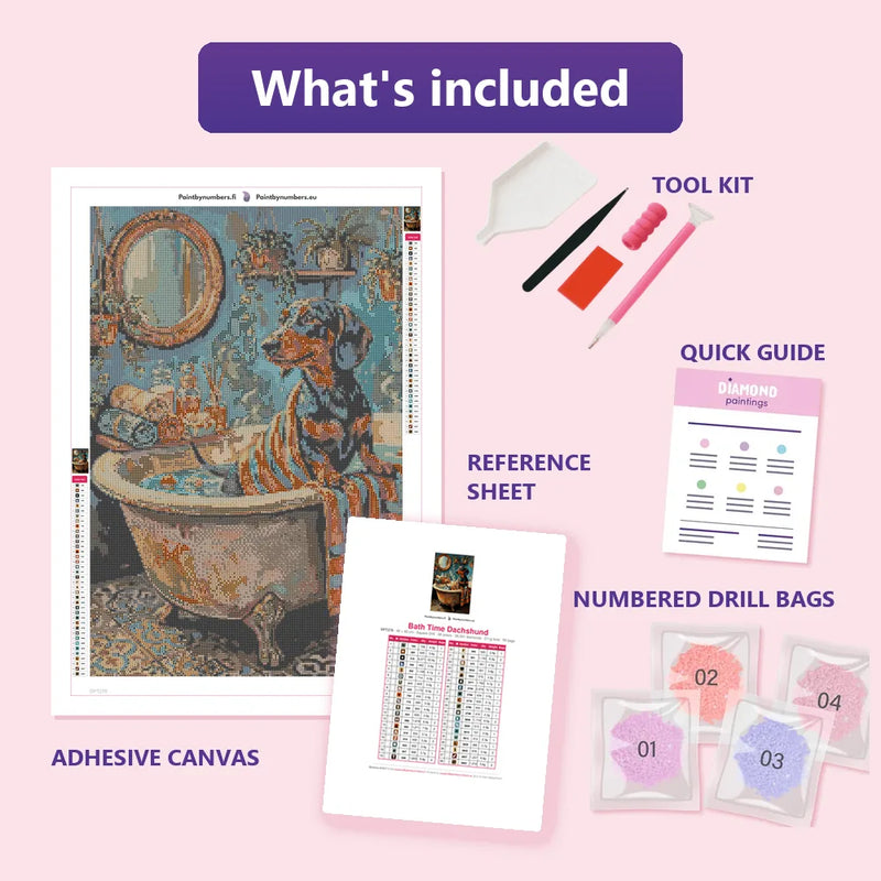 What is included in the Bath Time Dachshund diamond painting kit - adhesive canvas, reference sheet, tools and numbered drill bags