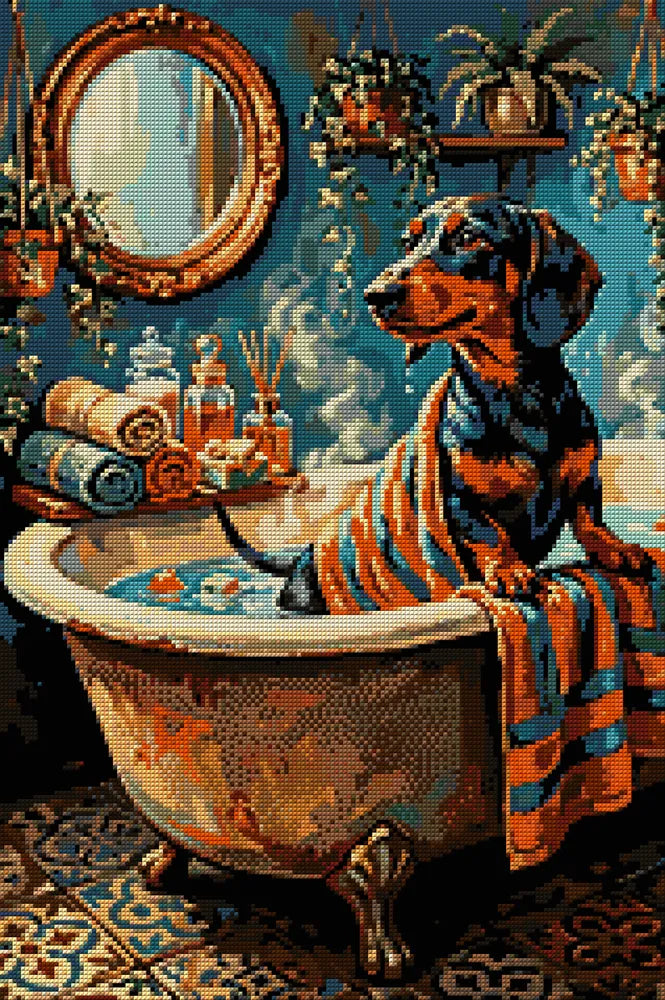 Diamond painting pattern chart - Bath Time Dachshund