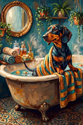 Thumbnail for Diamond Painting dachshund in bathtub, cozy bathroom, deep blue and orange hues.
