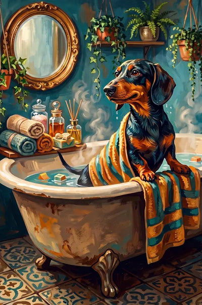 Diamond Painting dachshund in bathtub, cozy bathroom, deep blue and orange hues.