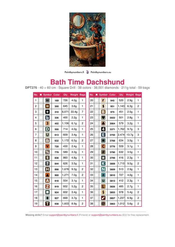 DMC color chart for Bath Time Dachshund diamond painting - 38 colors